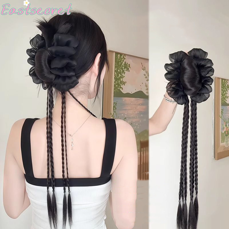 Claw Clip Messy Bun Hair Piece - 검은색 리본 반묶음 헤어 클립, 깃털