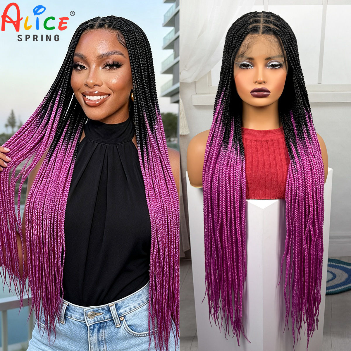 36인치 길이 핑크색 박스 브레이드 가발, 흑인 여성용 - Synthetic Braided Wigs For Black Women 리뷰 및 가격