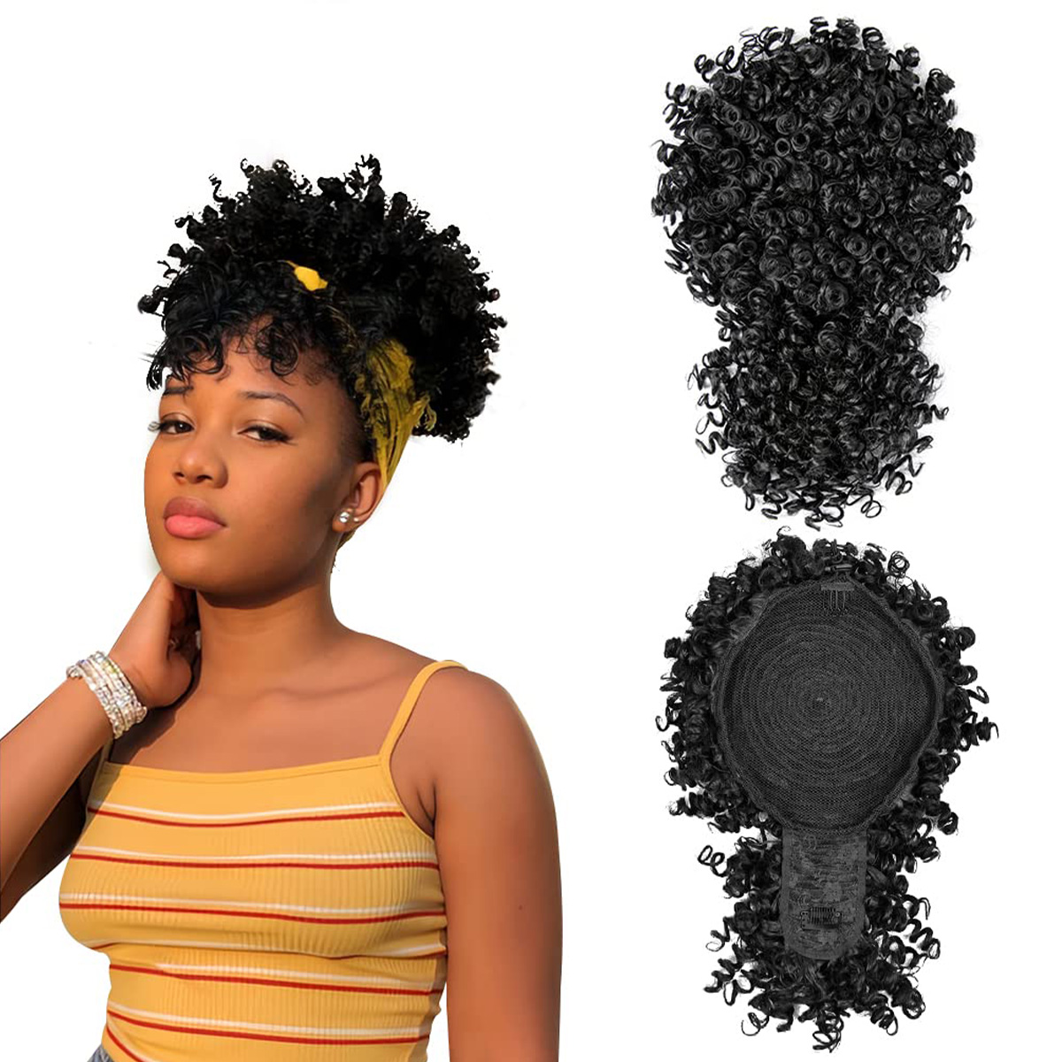 흑인 여성용 아프로 퍼프 합성 드로스트링 포니테일, 앞 - Drawstring Afro Curly Puff Ponytail 리뷰 및 가격