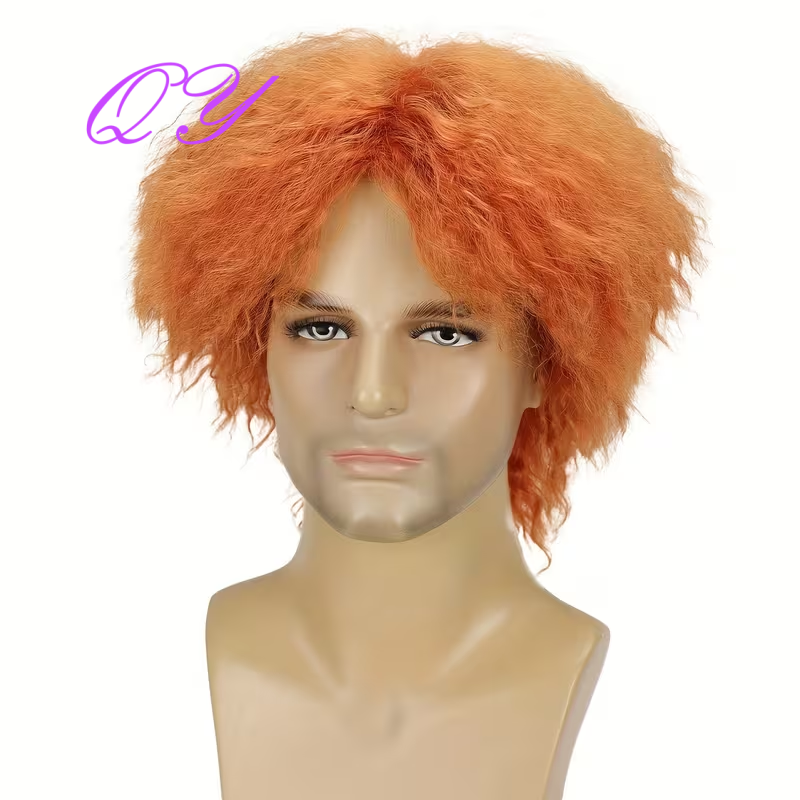 남성용 짧은 오렌지색 푹신한 아프로 곱슬 가발 내열성  - Synthetic Wigs 리뷰 및 가격